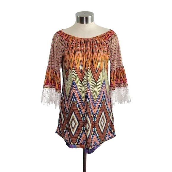 WinWin Boho Lace Trimmed Half Sleeve Colorful Geo Print Tunic Top Women's Sz S/M - Picture 1 of 9